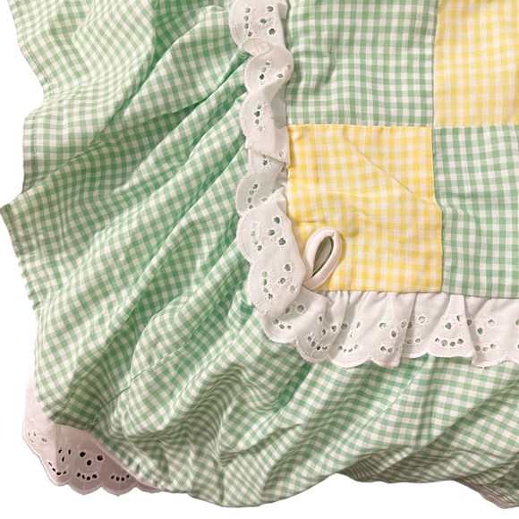 Vtg Toddler Bed Crib Blanket Bedspread Handmade Green Yellow Check Ruffles Lace - Picture 3 of 5